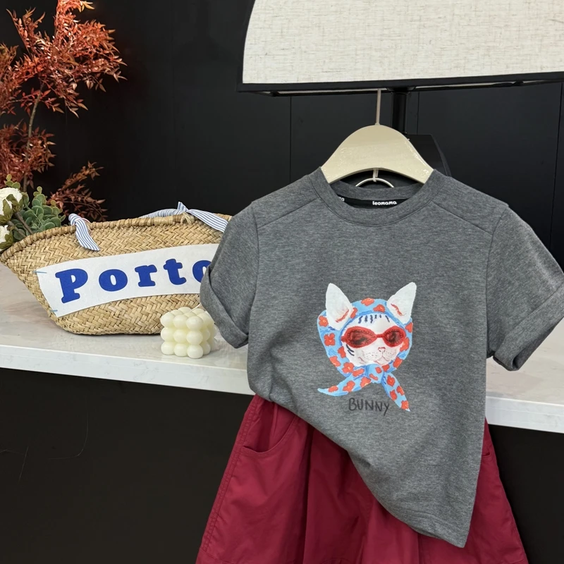 【现货】leomama女童头巾猫印花短袖儿童可爱休闲t恤25夏季百搭上衣