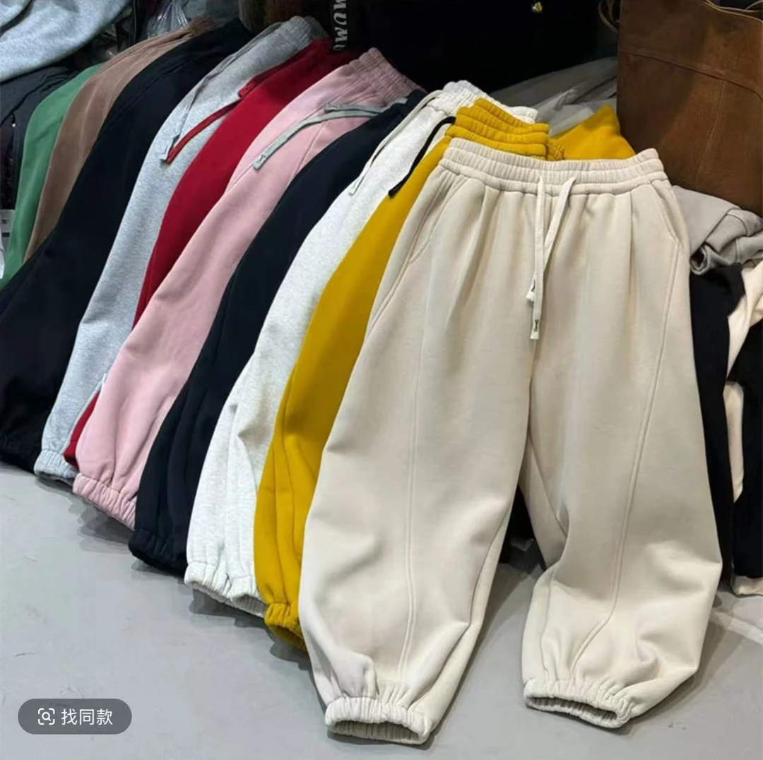 加绒加厚新款休闲运动裤欧货松紧卫裤束脚弯刀灯笼裤女