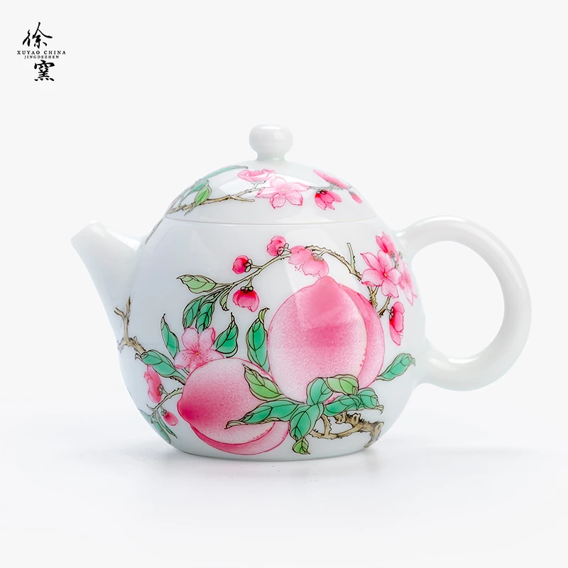 徐窑粉彩四桃元宝壶 景德镇手工绘画陶瓷茶具