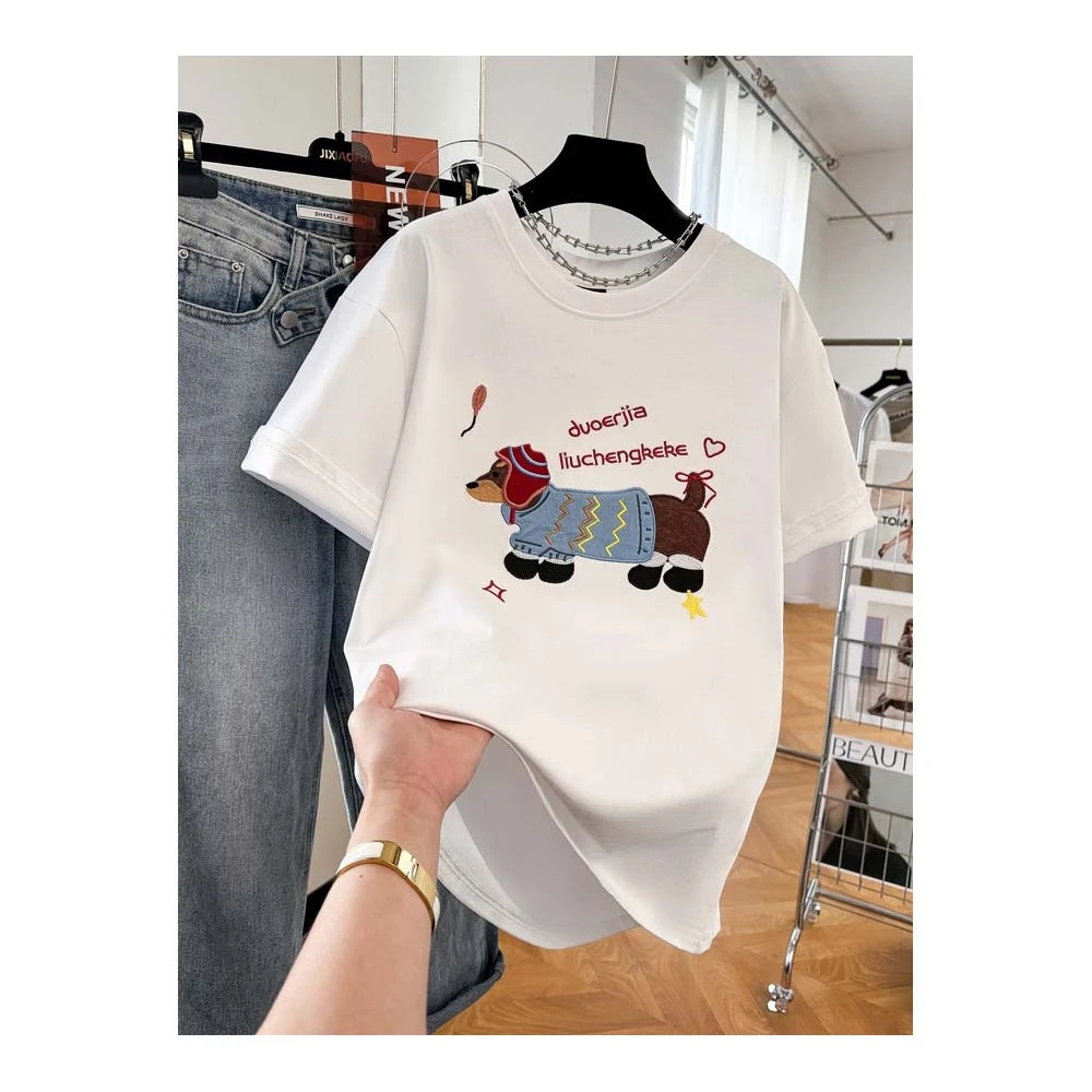 2025宽松百搭刺绣小狗纯棉短袖t恤男女同款情侣装春夏季2025新款
