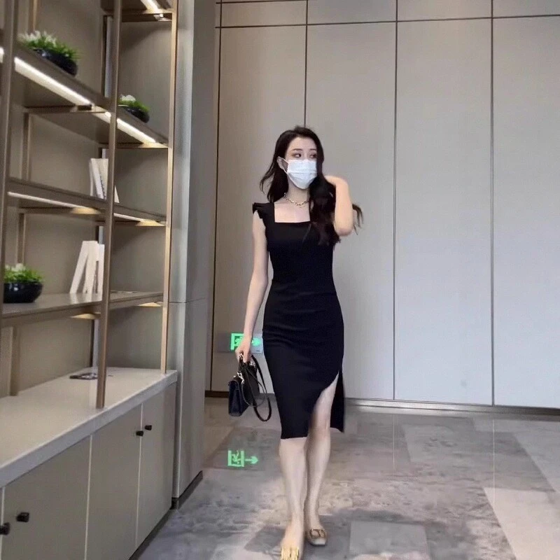 2025夏季新款法式小个子飞飞袖开叉裙子纯欲风显瘦包臀性感连衣裙