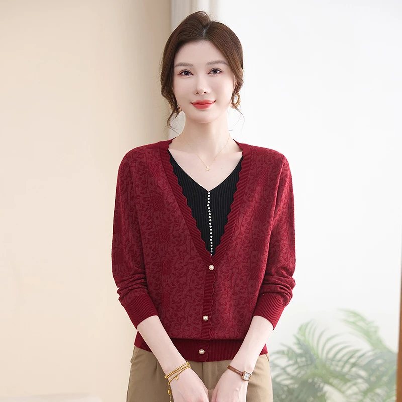 春竹秋冬新款羊毛衫洋气百搭假两件显瘦烫钻减龄针织打底外穿上衣