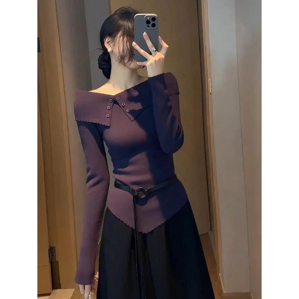 紫色上衣2025秋季新款设计感小众绝美漂亮气质修身内搭打底针织衫