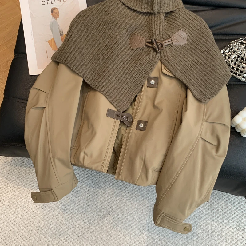 2025秋冬季新款气质通勤时尚百搭宽松显瘦针织披肩女短款棉服外套