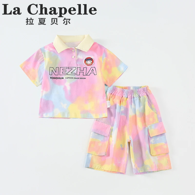 拉夏贝尔儿童哪吒夏装新款男童polo衫女孩短袖套装两件套潮LB113