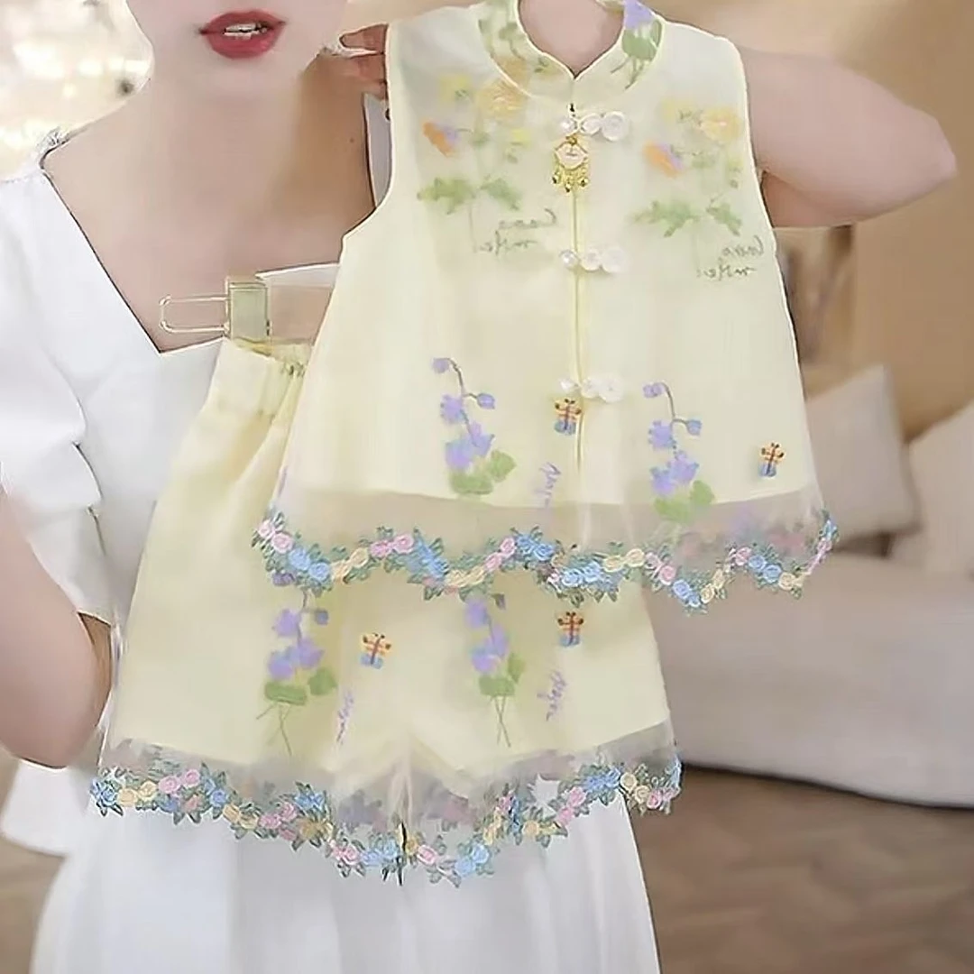 儿童女童夏季无袖中式套装2025新款洋气国风女宝宝刺绣花边裙短裤