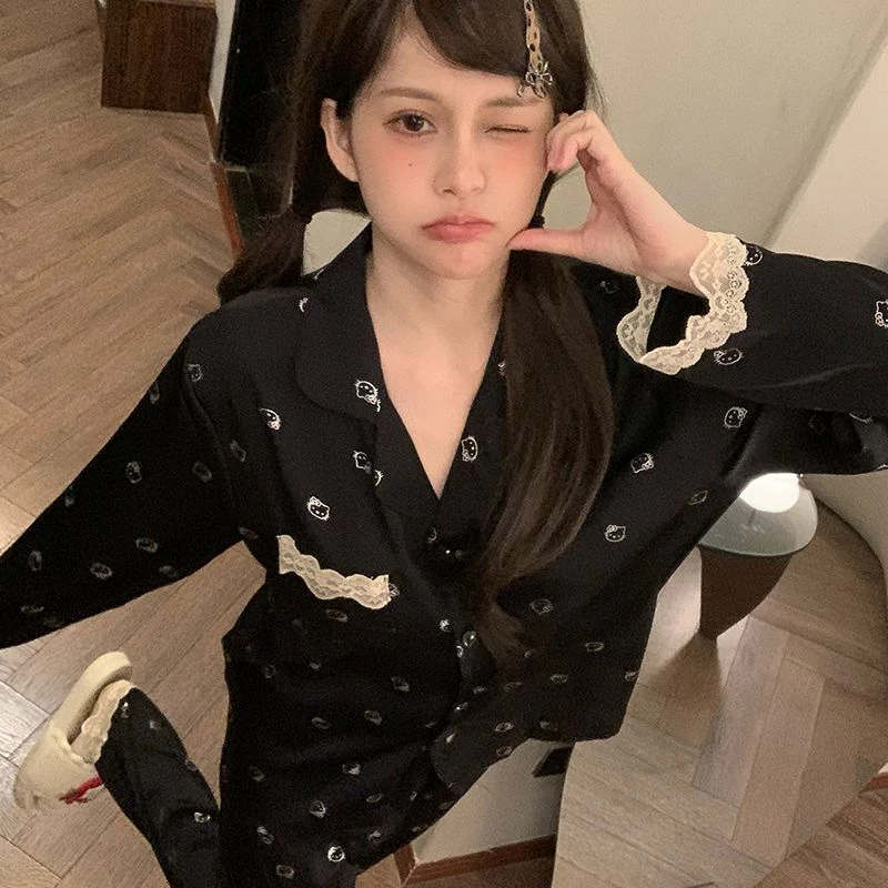 春秋季冰雪丝睡衣女款可爱hellokitty长袖长裤休闲套装少女家居服