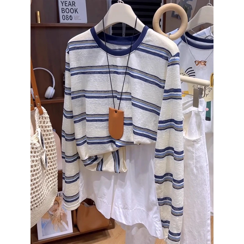 高级感蓝色条纹长袖t恤女夏季2025新款轻薄款冰丝上衣防晒衣罩衫