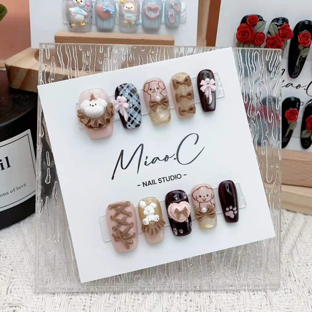 【小甜甜】Miao.C指尖艺术 粉黑色系清晰可爱小狗蝴蝶结手工穿戴甲