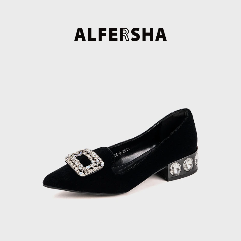 阿芙莎82086新款浅口水晶时尚粗跟单鞋春款B