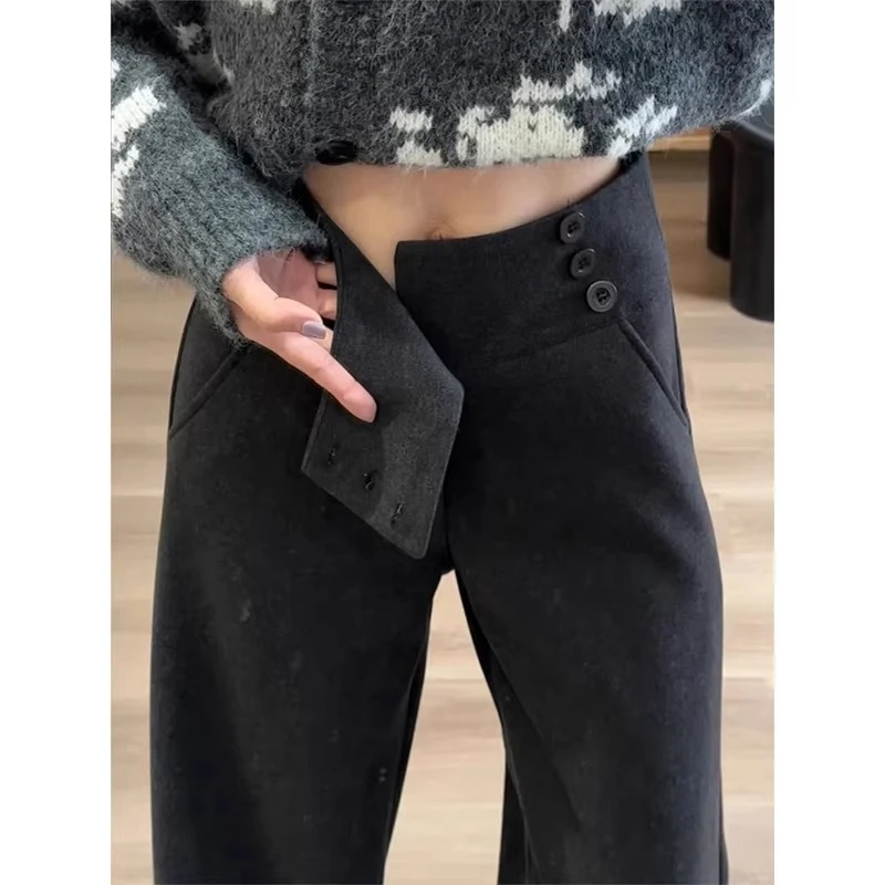 灰色毛呢阔腿裤子女冬季2026新款高腰垂感直筒裤小个子加厚西装裤