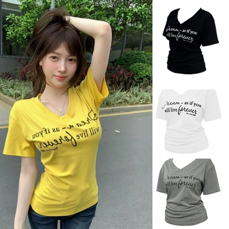 大码正肩修身韩系休闲t恤女夏季胖mm宽松显瘦字母印花短袖小上衣