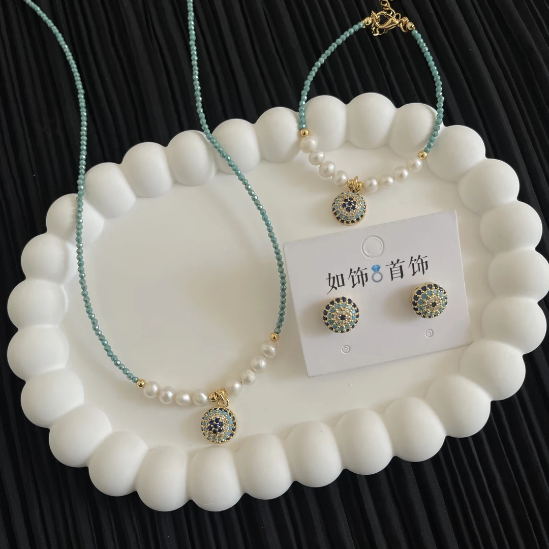 钛钢亚克力项链 如饰 恶魔之眼仿水晶链三件套套装时尚简约蓝色