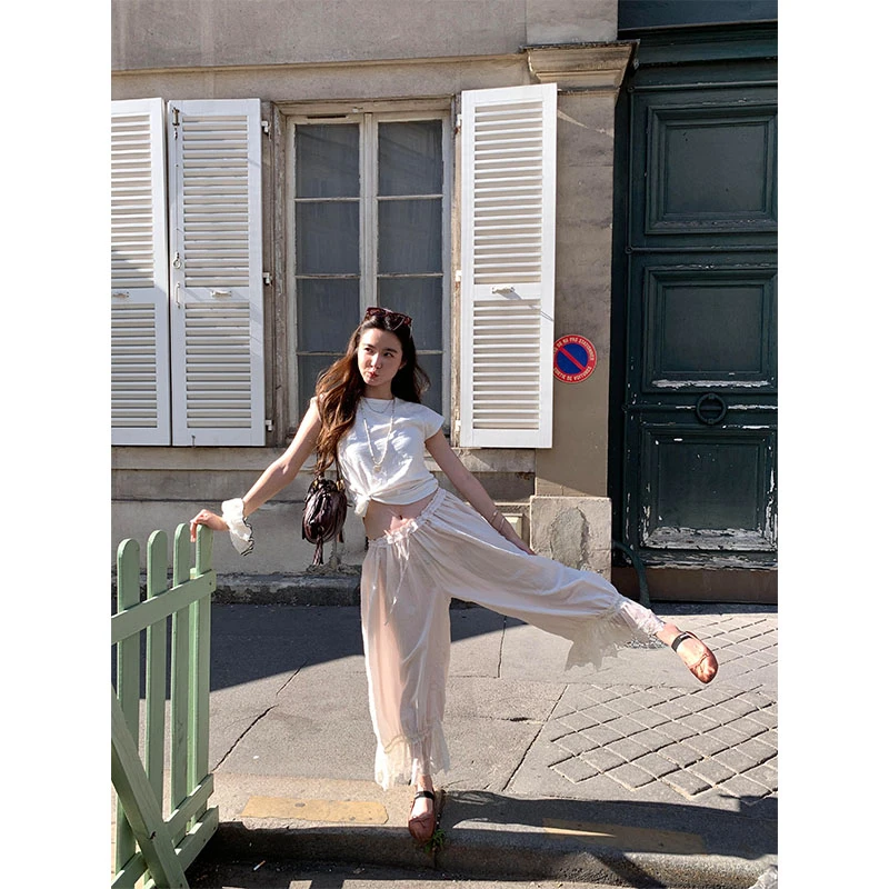 夏季纯欲设计感小众洋气百搭短袖上衣高腰时尚显瘦宽松直筒裤套装