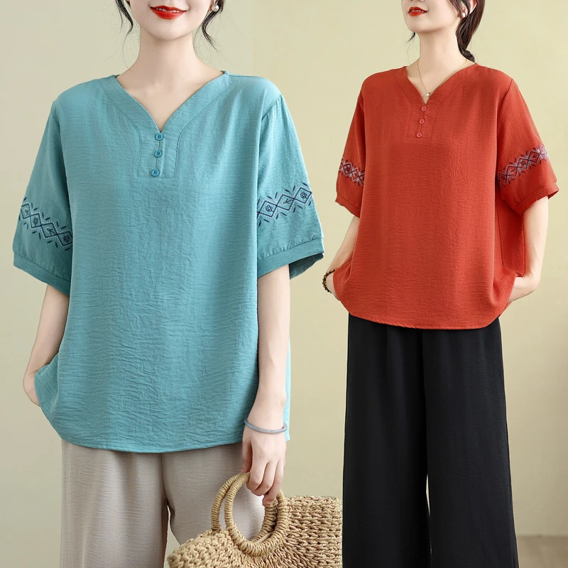 短袖大码女装2025夏季新款刺绣民族复古上衣T恤宽松遮肚V领胖MM