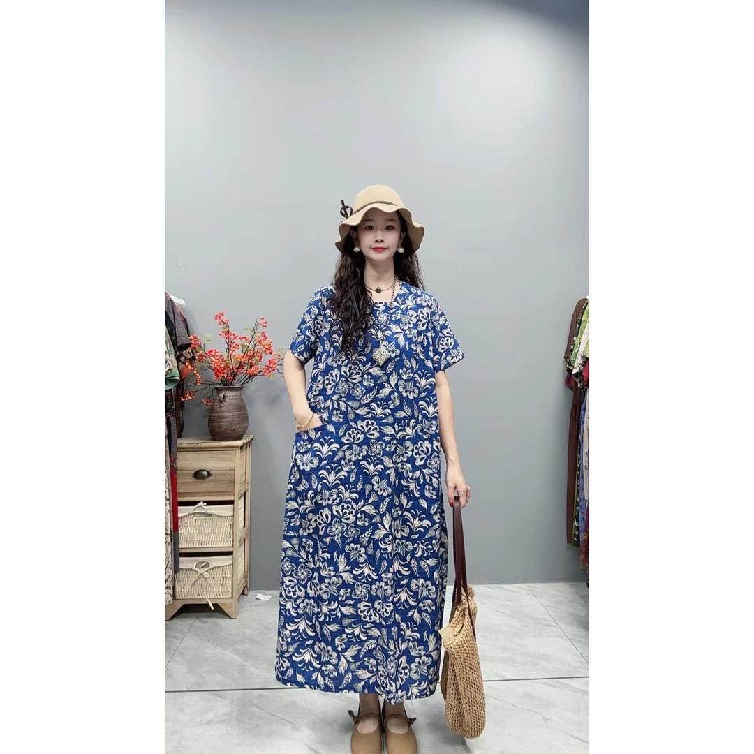 5338夏季新款欧韩显瘦气质时尚印花洋气复古宽松遮肉连衣裙妈妈装