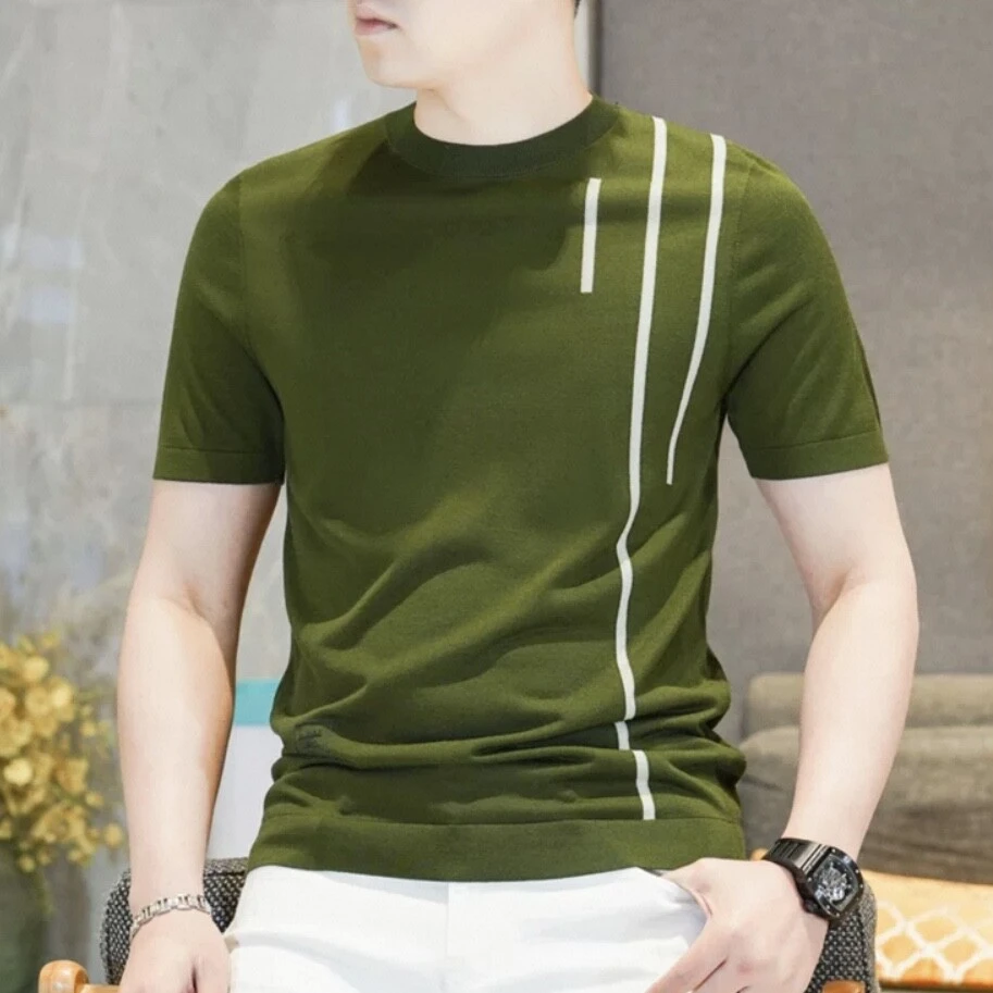 2025夏季新款潮牌欧货网红圆领冰丝针织短袖T恤男时尚修身百搭潮T