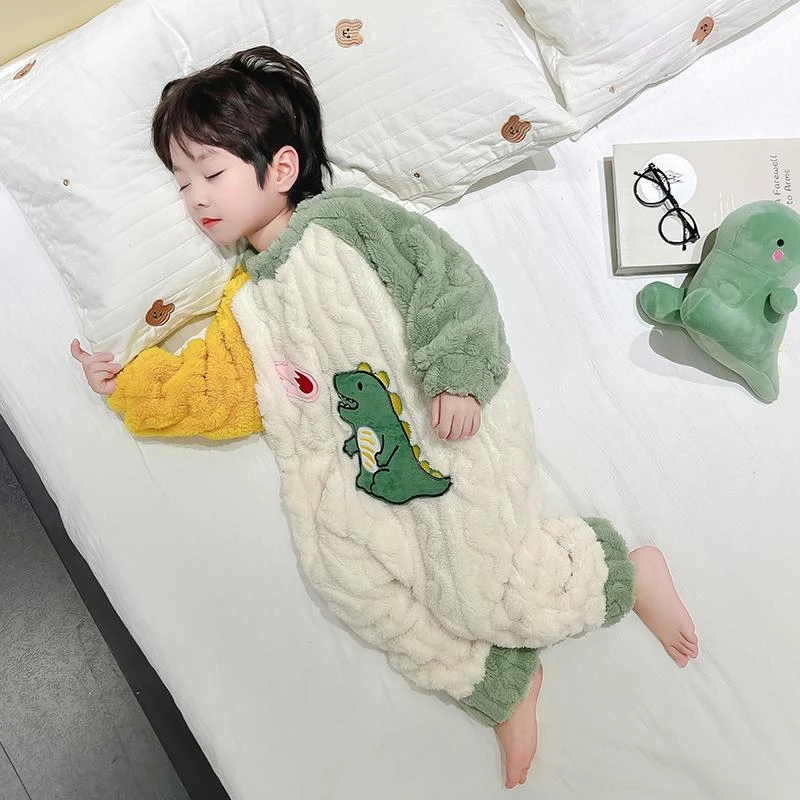 范哲萨男童珊瑚绒连身睡衣冬季加厚婴儿宝宝恐龙睡袋儿童法兰绒家