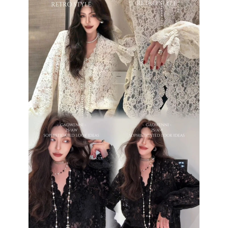 高温妮【山茶花】简约网纱镂空两色蕾丝打底上衣复古秋冬5e52571