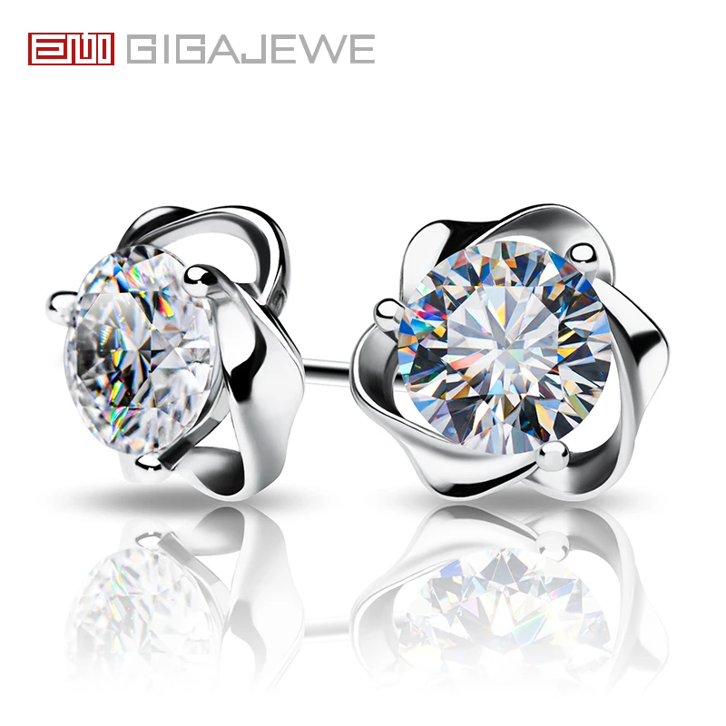 GIGAJEWE 925银莫桑石耳饰 圆形切工耳钉白D色送女友送老婆礼物