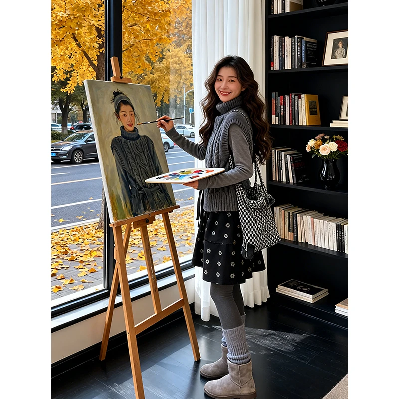 秋冬流行穿搭一整套女2025新款打底衫叠穿高领马甲高腰短裙三件套