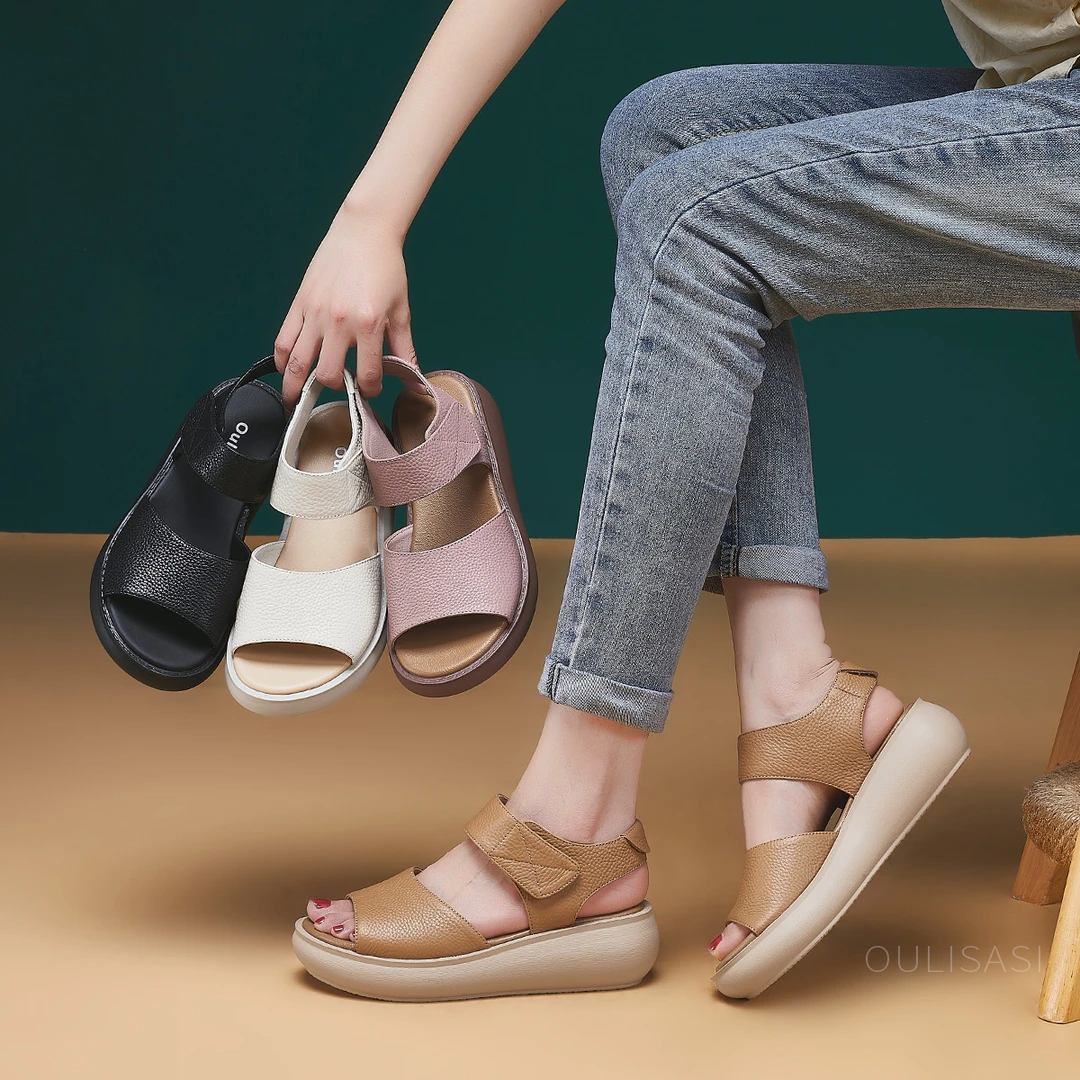 | 一见倾心 | 583 头层牛皮夏季厚底女士复古魔术贴透气休闲凉鞋