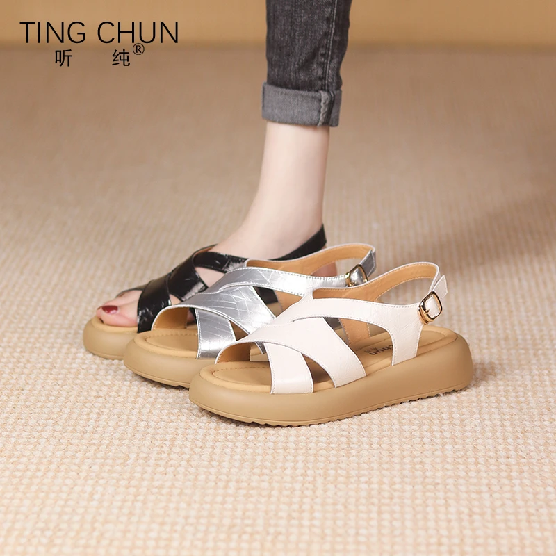听纯66012夏季2025百搭凉鞋真皮舒适休闲软底露趾平底外穿复古鞋