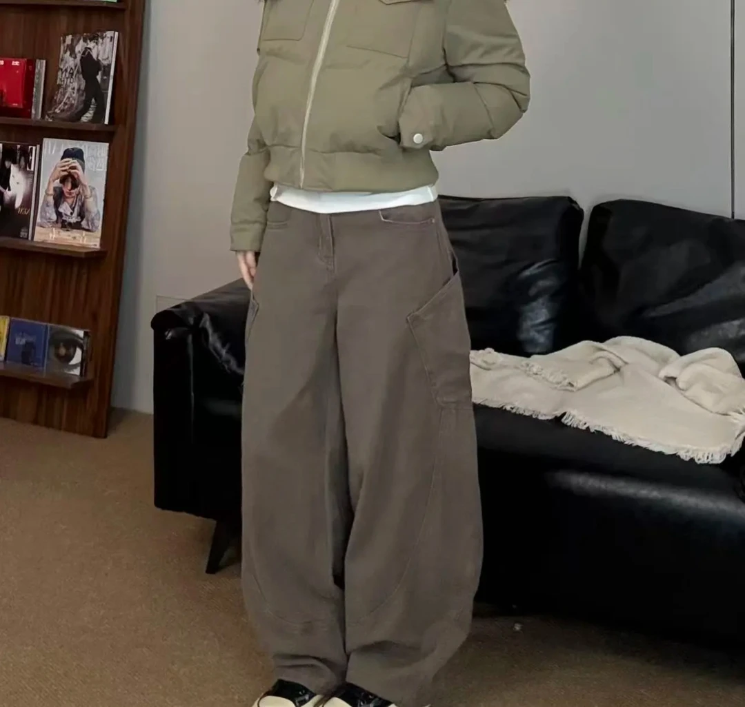 【卡其工装】虎皮卷美式复古纯棉大口袋卡其色工装弯刀裤#K25914