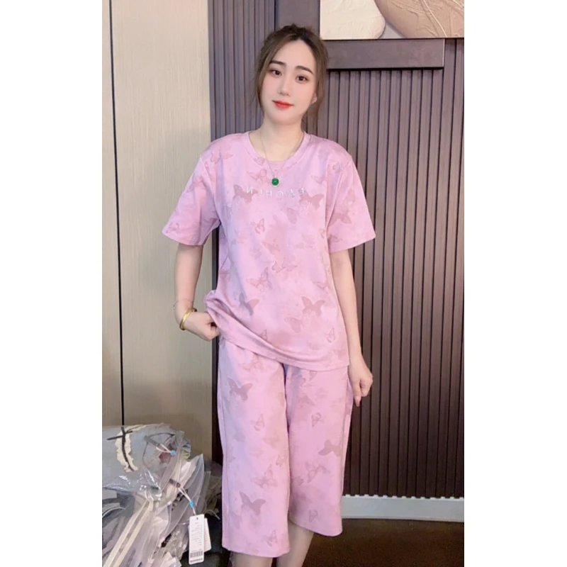 胸垫版睡衣女夏款纯棉短袖七分裤外穿家居服套装（扎染蝴蝶七分裤）