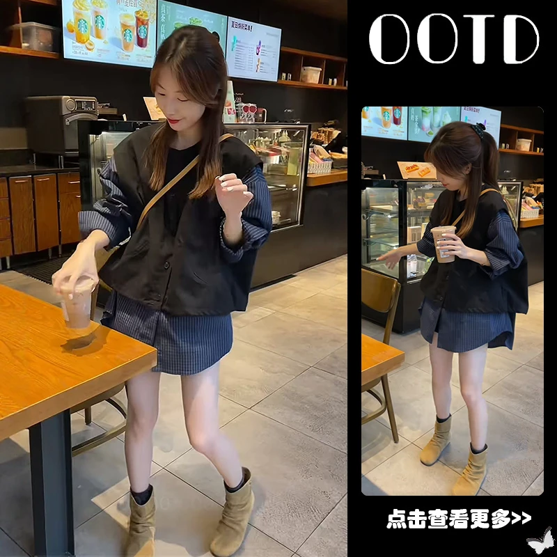 秋装套装女2025新款洋气百搭老钱风宽松假两件衬衫阔腿短裤两件套