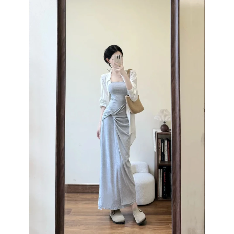 2025新款夏日ootd穿搭一整套女防晒衬衫上衣搭配扭结吊带连衣裙女