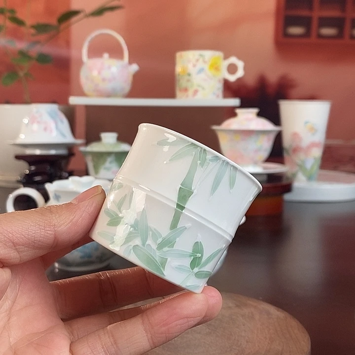 竹子品茗杯手绘釉下高温