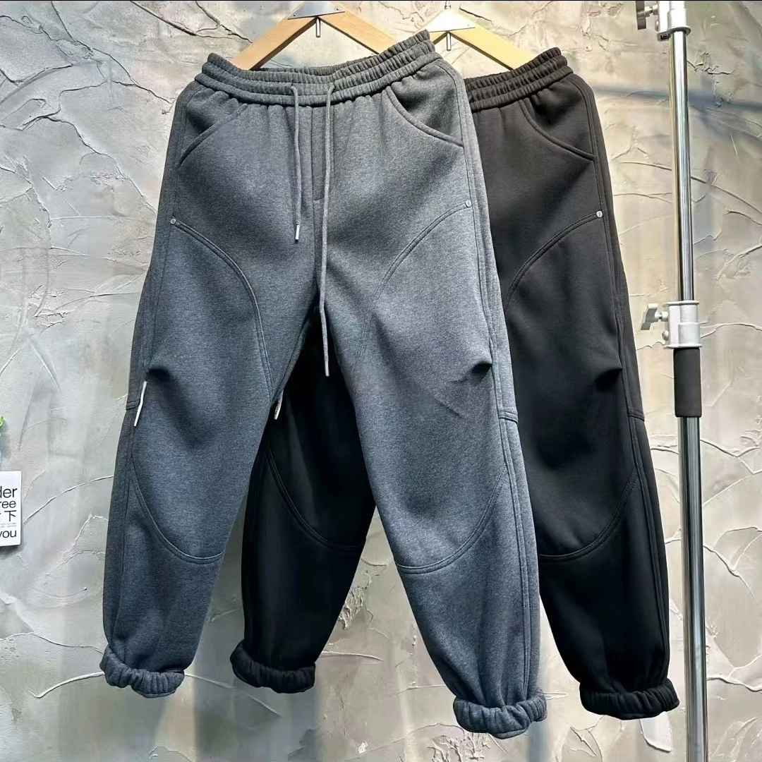 秋冬新款加绒加厚百搭运动休闲卫裤男士时尚简约显瘦纯色束脚长裤