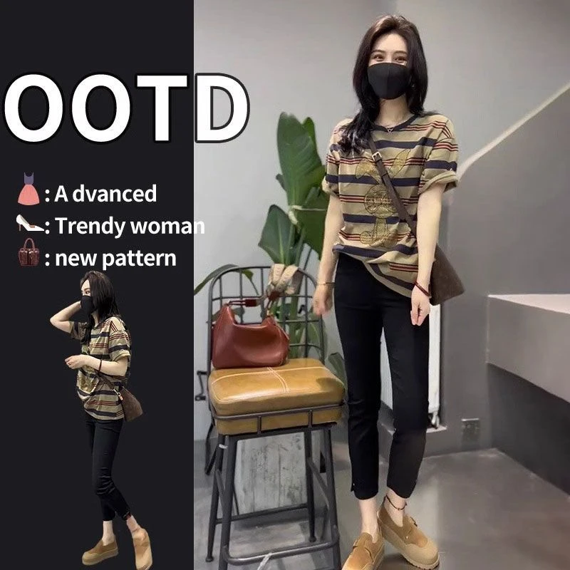 韩系宽松气质套装女2025夏季新款条纹短袖T恤+黑色小脚裤两件套潮