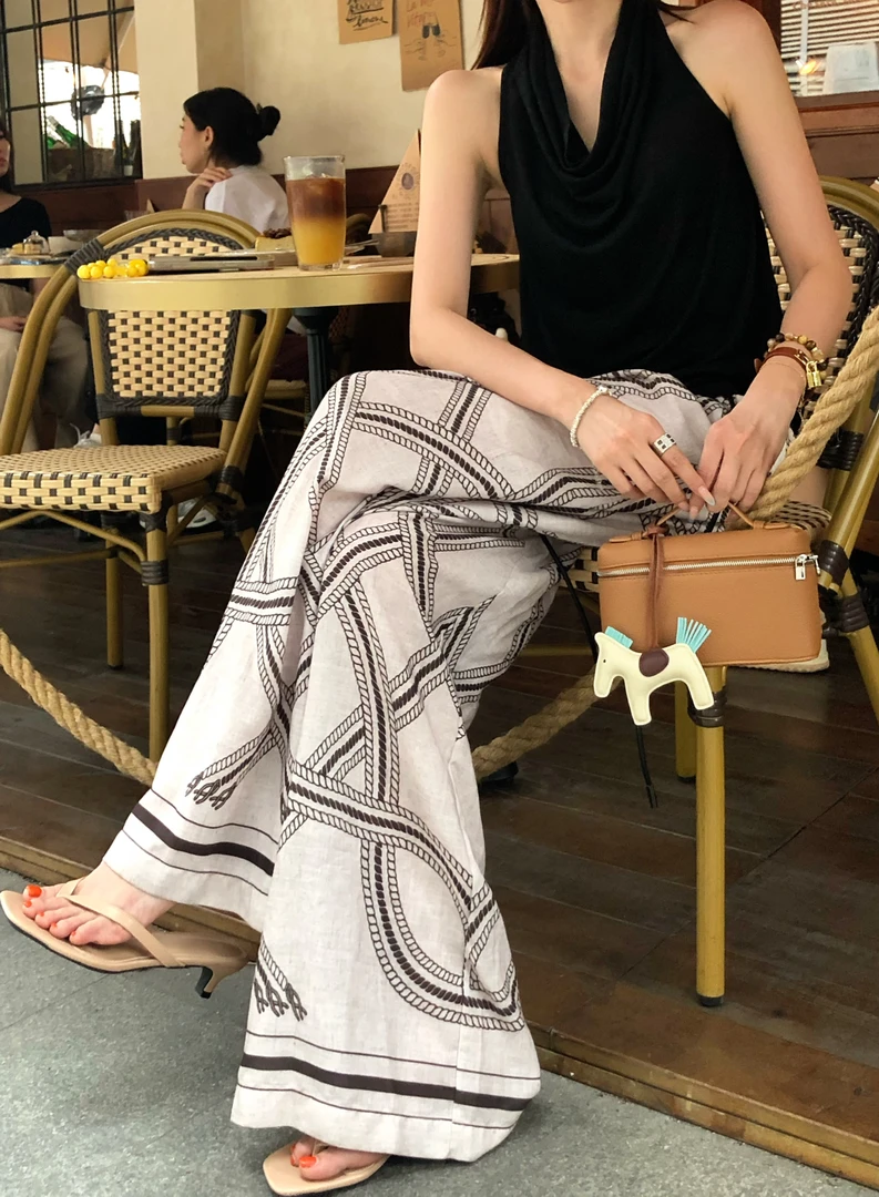 婉君【丝巾裤】夏季垂感薄款印染阔腿时尚休闲裤LWJ25B2K1290