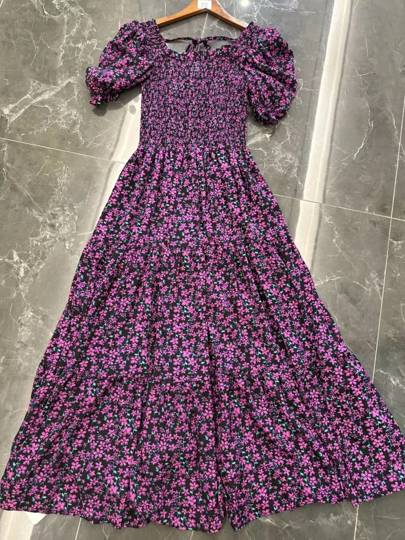 【镇店之宝紫小花】大长裙大摆裙一字肩拍照度假旅行连衣裙沙滩裙