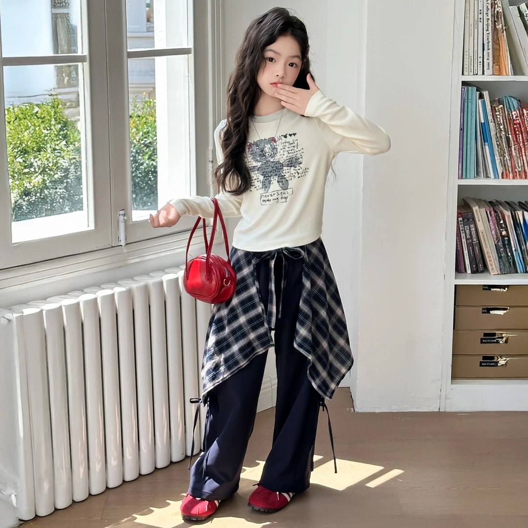 韩国童装女童阔腿裤套装2025新款儿童洋气长袖格子屁帘裤套装秋装