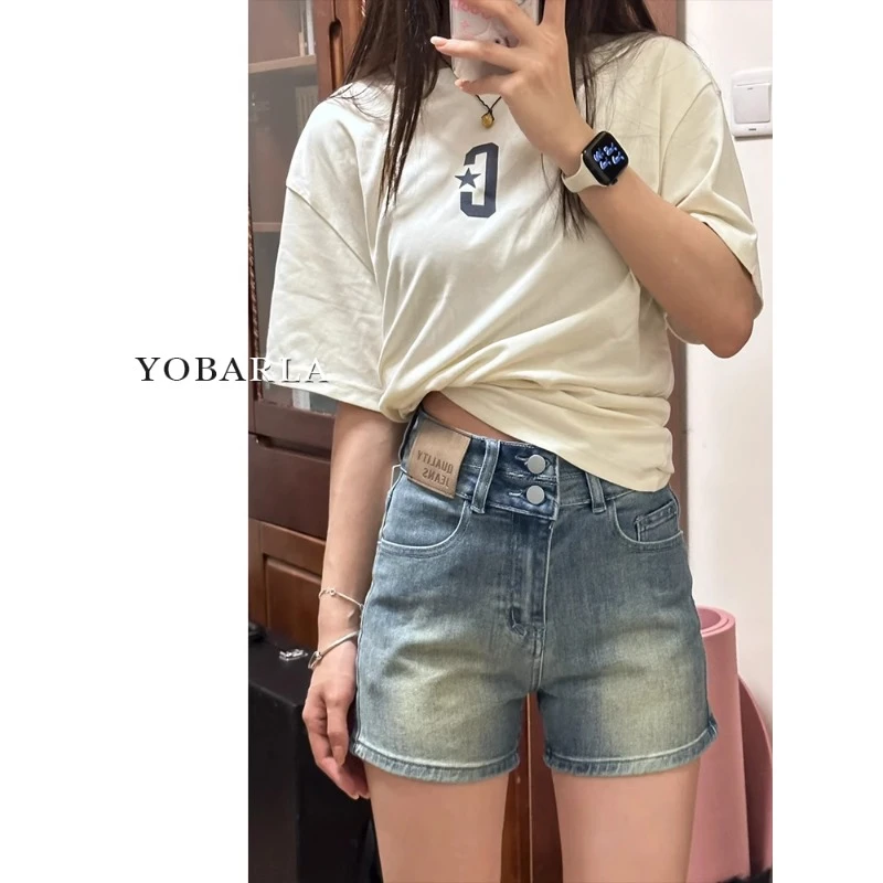 复古弹力牛仔短裤女高腰夏季新款大码胖mm显瘦梨型身材a字热裤子