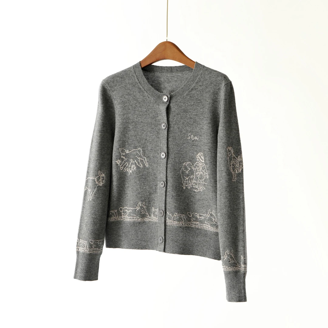 【YS11853】2025秋装新款重工趣味刺绣100%羊毛圆领针织开衫女