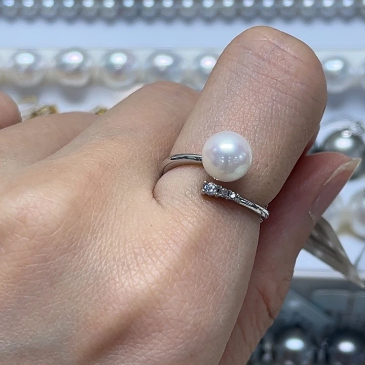 银S925镶嵌海水珍珠戒指7-8mm 13号