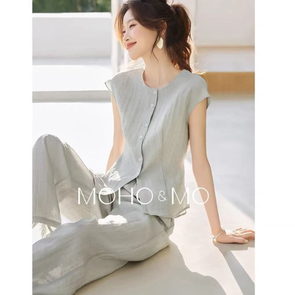 2025新款通勤圆领松弛感显瘦无袖两件套2025夏新款套装气质5705