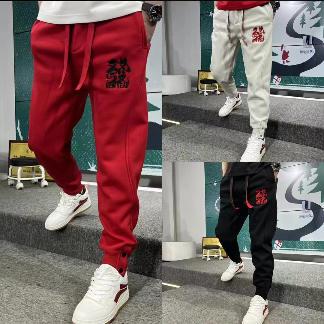 【现货秒发】冬季加厚抓绒休闲裤蛇形中国结發财重工刺绣弯刀卫裤