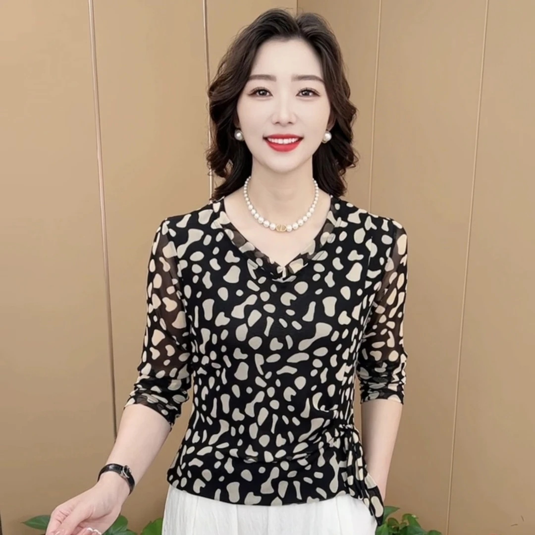 早秋新款时尚V领收腰系带设计洋气妈妈装休闲洋气百搭上衣K2282