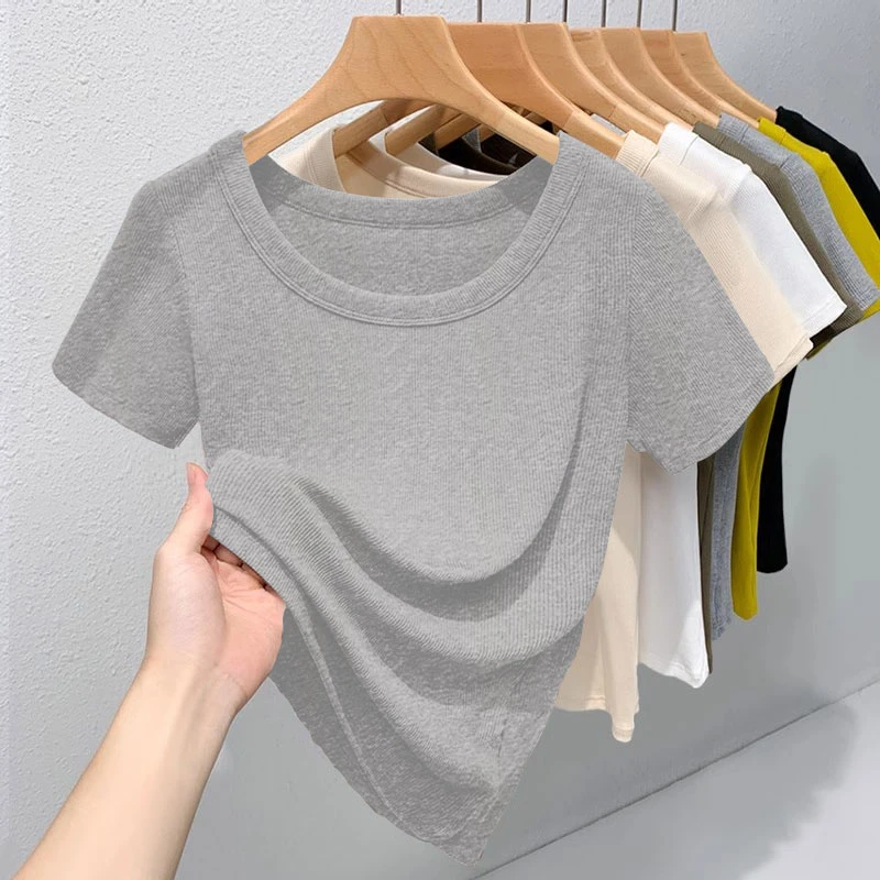 设计感小众螺纹正肩圆领短袖t恤夏季百搭修身显瘦外穿打底上衣女