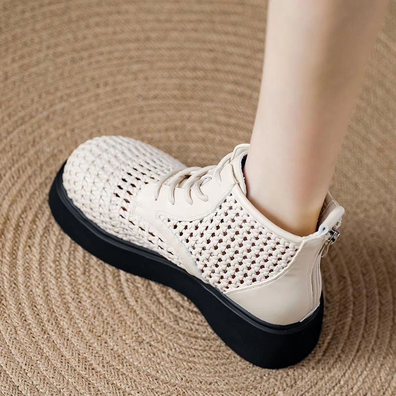 真皮镂空马丁靴女2025夏季新款短靴薄款透气户外防滑增高罗马凉鞋