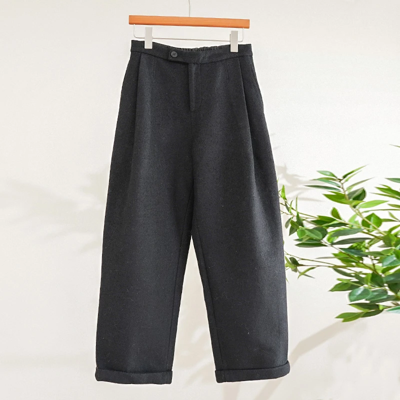 25年春款强缩羊毛高腰卷边八分裤女士裤子（241885）2308