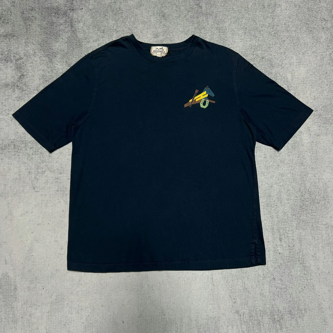 99新 Hermes/爱马仕 /胸口刺绣logo短袖藏青/M码