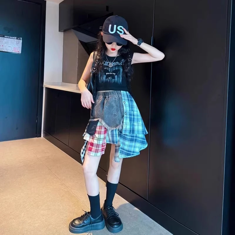 女童辣妹装夏装2025新款酷飒风女大童炸街穿搭儿童背心牛仔套装裙