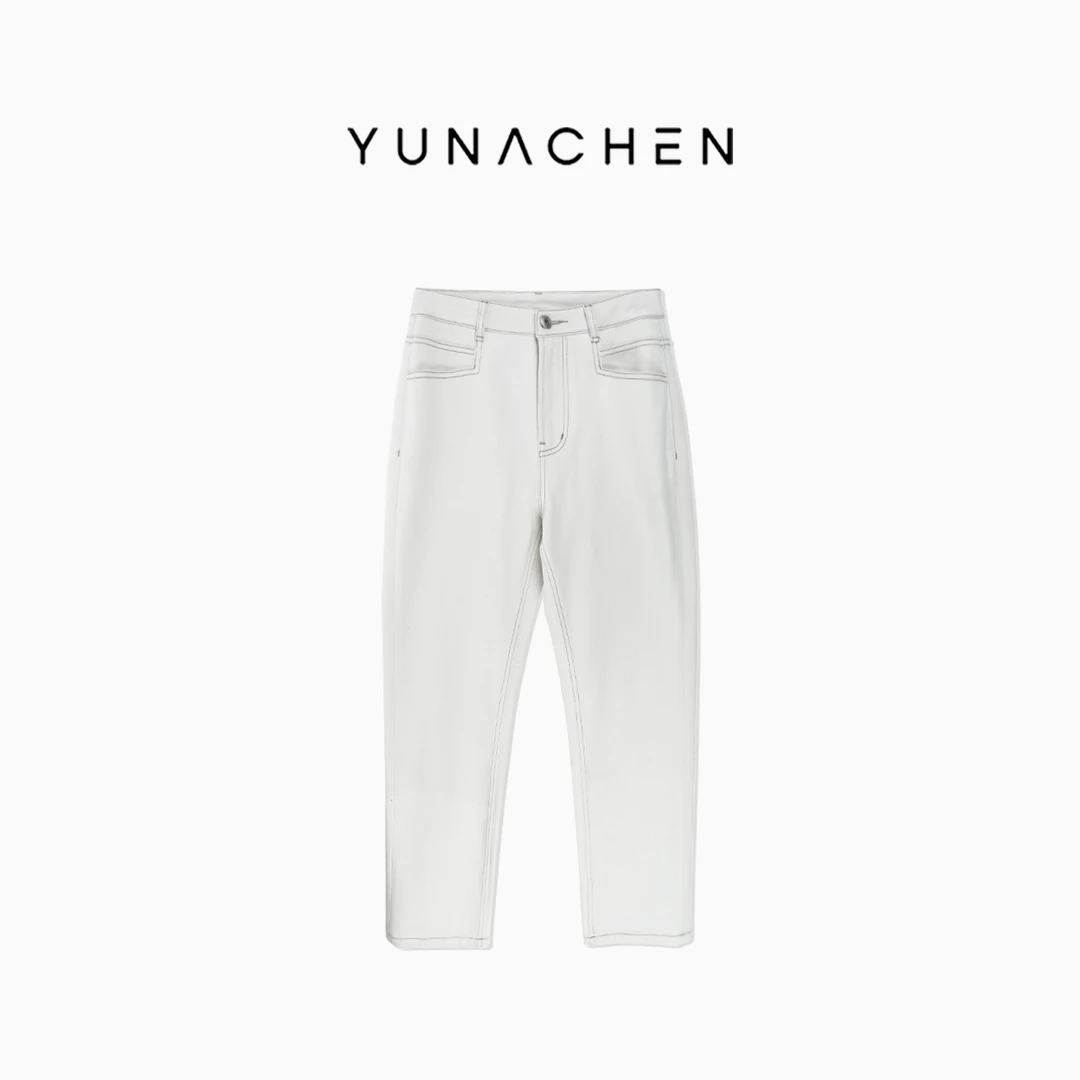 菠萝宝宝yuna【月白四面弹牛仔】九分烟管松弛巨弹白色牛仔长裤YH23