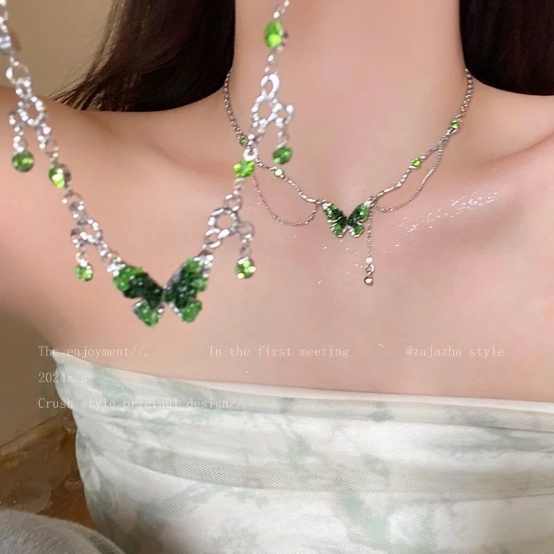合金项链 绿色蝴蝶流苏项链女氛围感2025新款锁骨链小众气质配饰